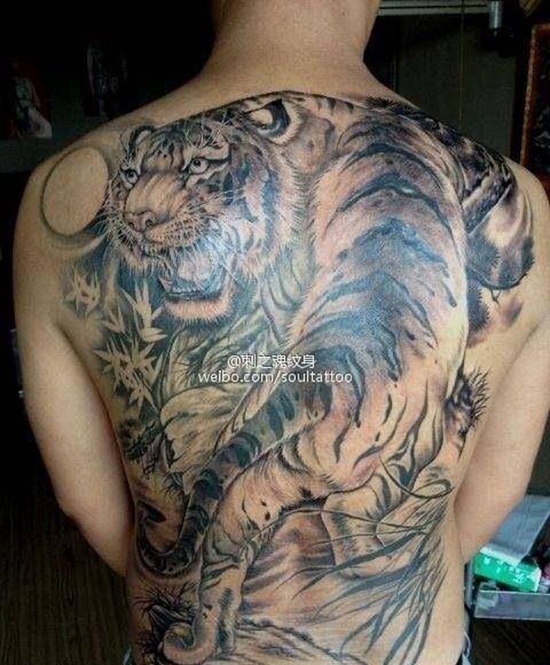 老虎纹身图片_成品背部写实原创动物纹身图案