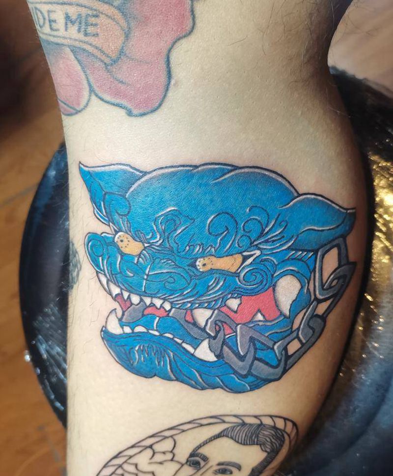 唐狮纹身图片_腿部Old School纹身图案