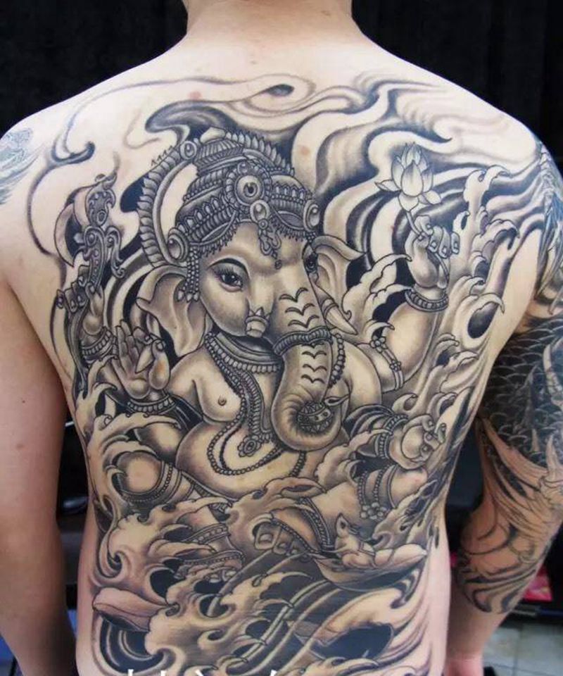 象神纹身图片_成品背部传统人物原创纹身图案
