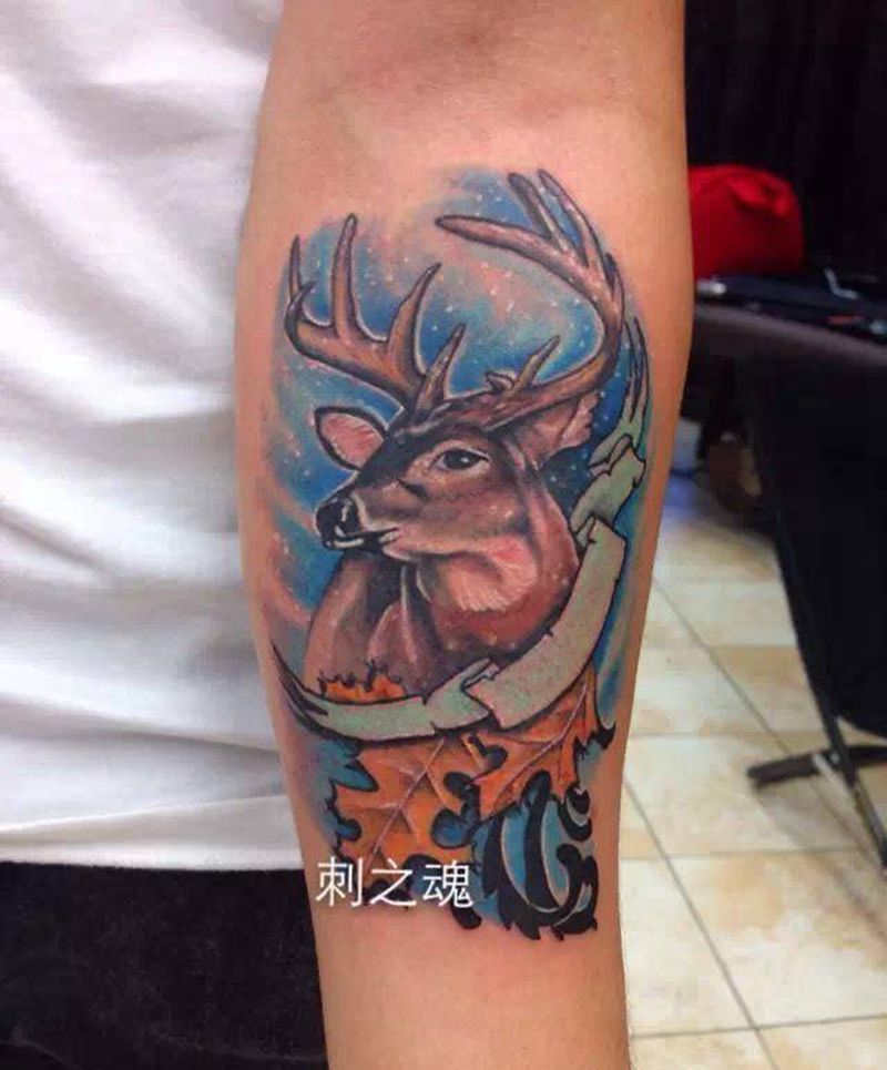 鹿纹身图片_欧美写实动物原创纹身图案