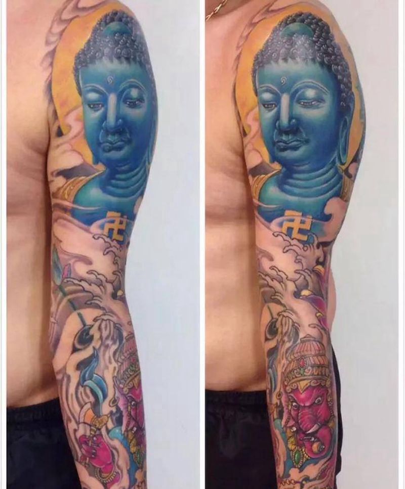 佛头象神纹身图片_原创人物写实传统手臂纹身图案