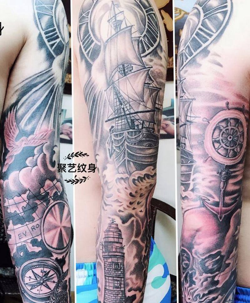 欧美航海花臂纹身图片_