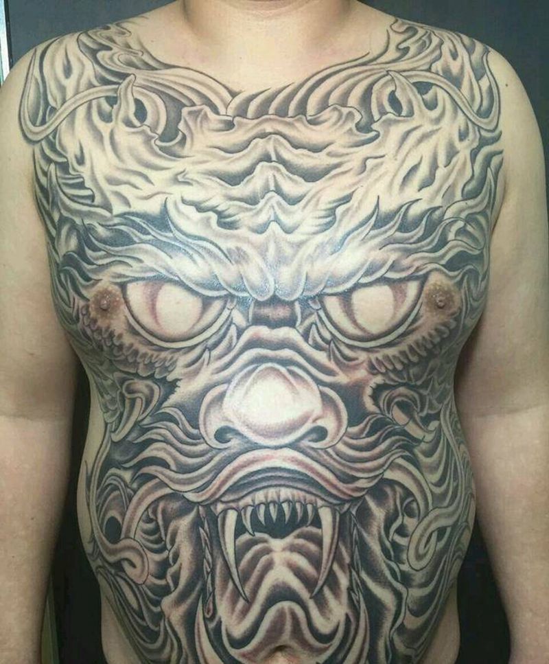 正脸龙纹身图片_胸部腹部传统动物宗教成品纹身图案