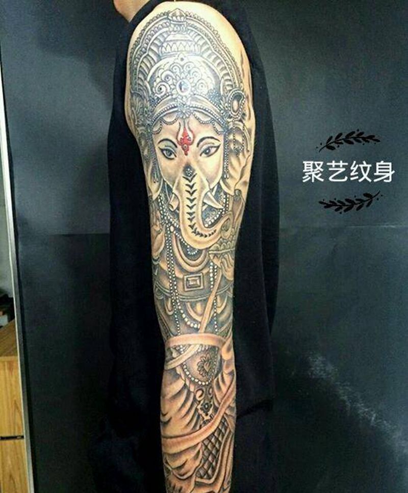 象神花臂纹身图片_