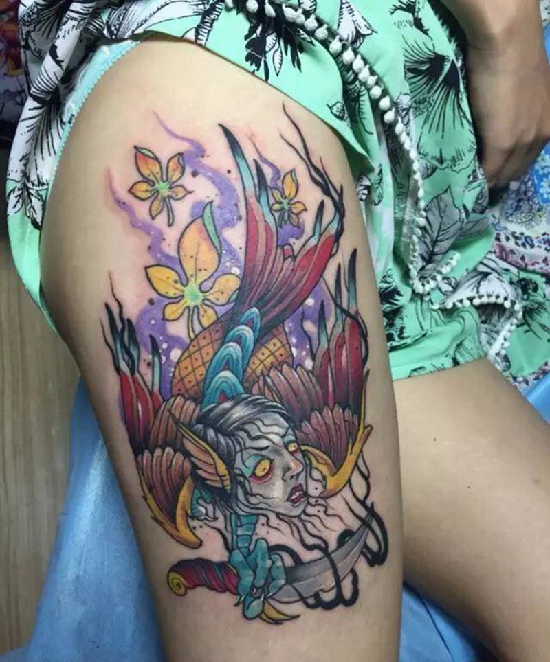 抽象纹身图片_腿部欧美写实原创纹身图案