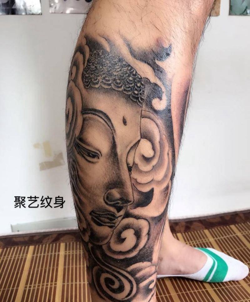 包小腿佛头莲花纹身图片_成品腿部传统人物植物纹身图案