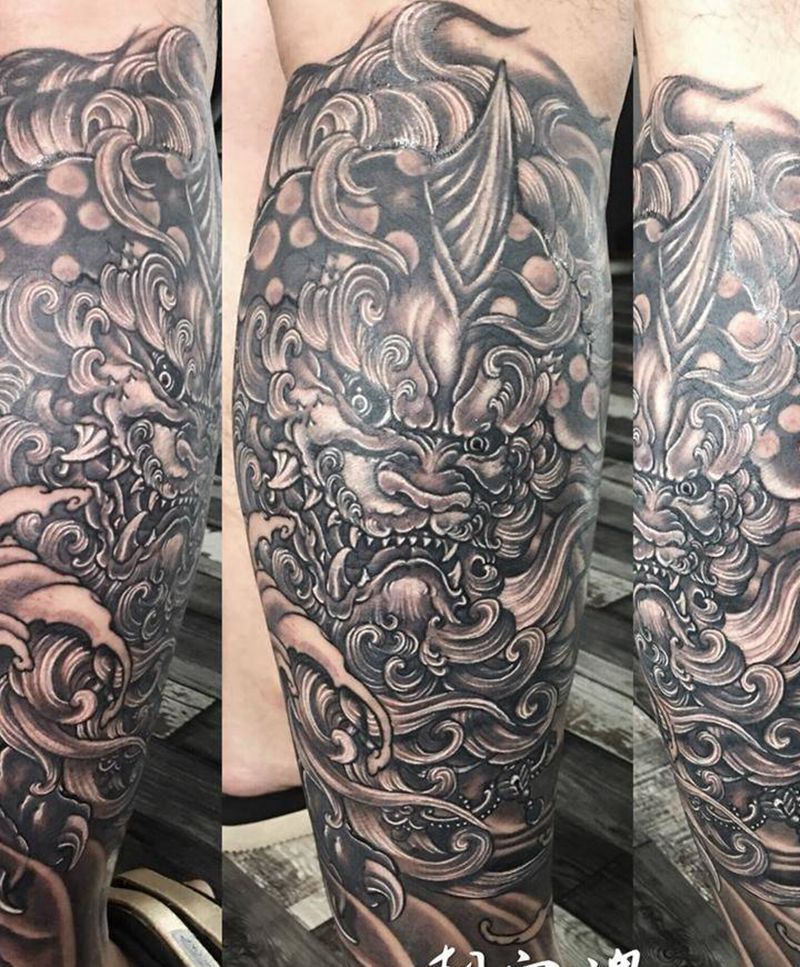 唐狮纹身图片_腿部老传统纹身图案