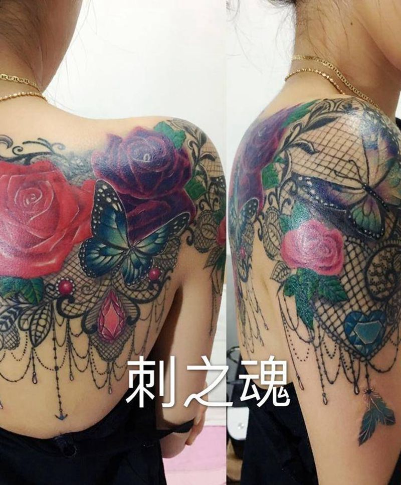 蕾丝纹身图片_成品肩部清新欧美原创纹身图案