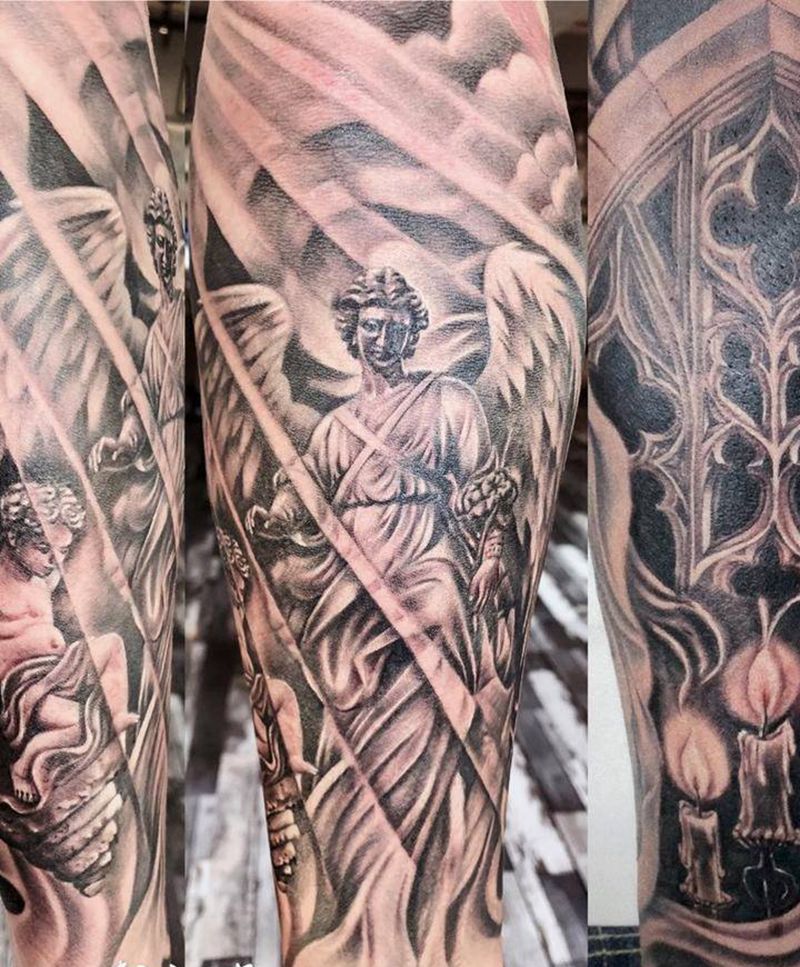 天使纹身图片_手臂欧美写实水墨纹身图案