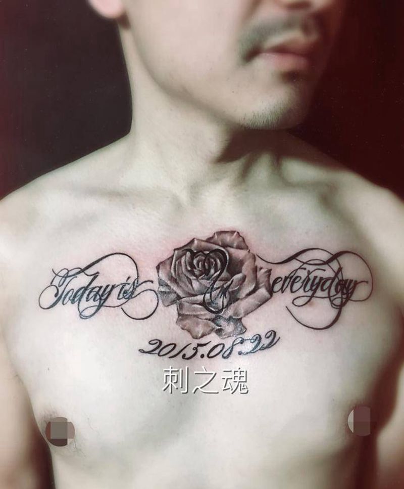 英文玫瑰纹身图片_胸部欧美写实植物原创纹身图案