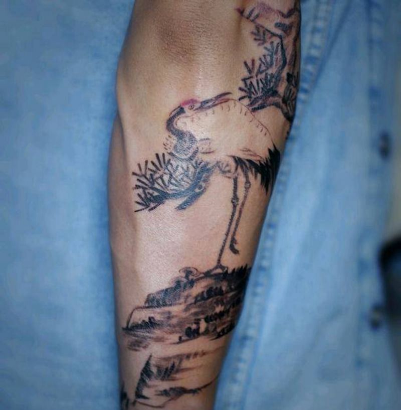 仙鹤图纹身图片_手臂水墨纹身图案