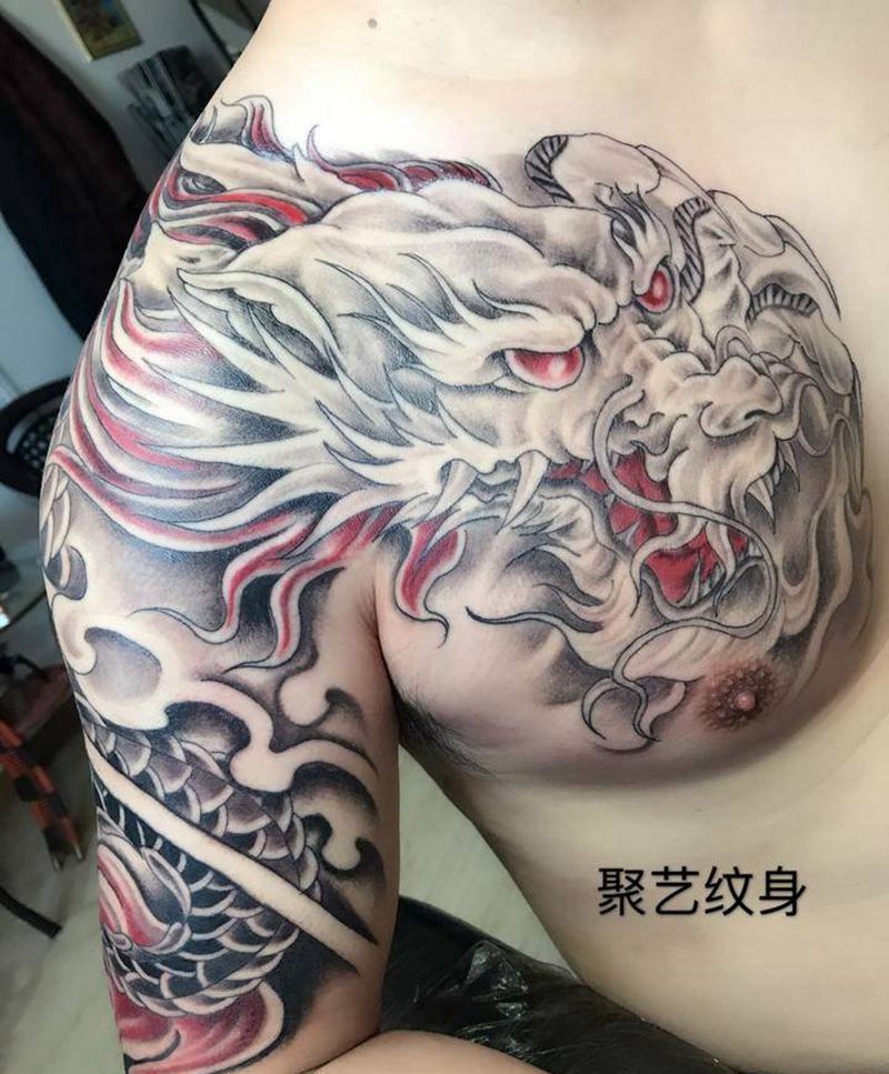 过肩龙纹身图片_成品胸部手臂传统鬼神动物纹身图案