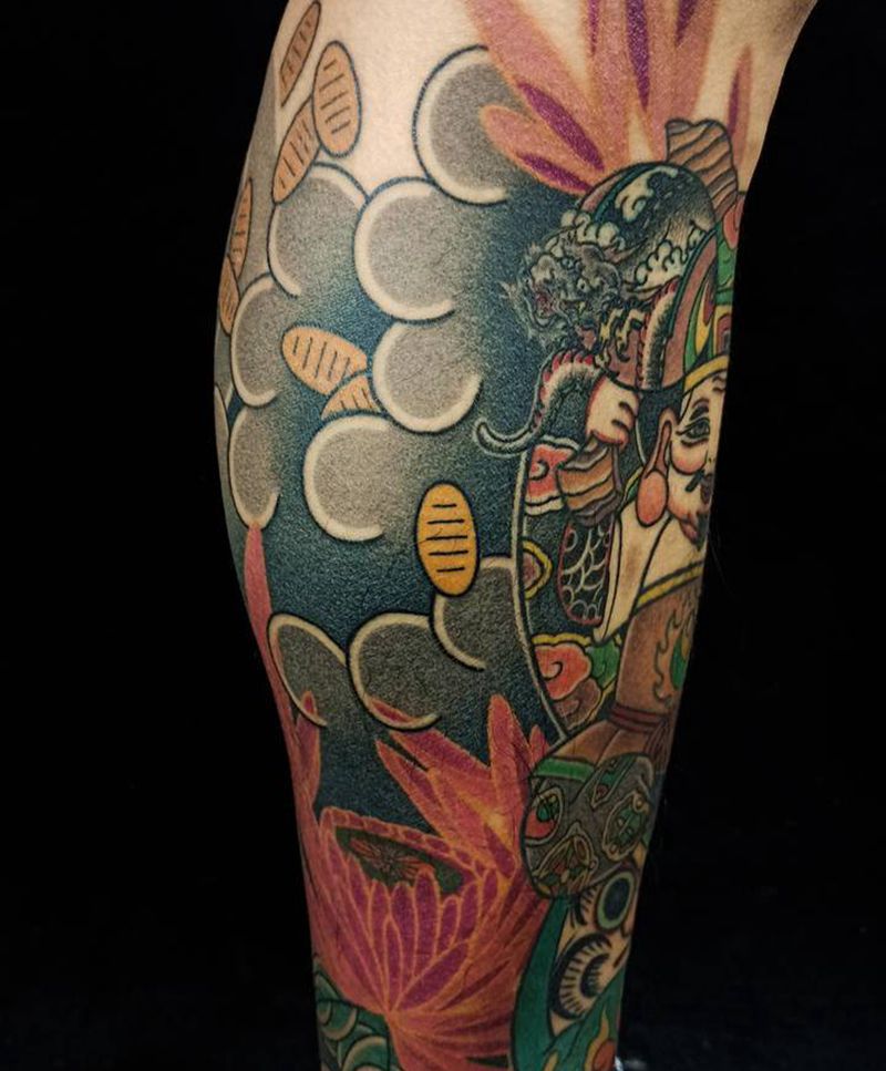 福神纹身图片_腿部背部新传统老传统福神龙包小腿纹身图案