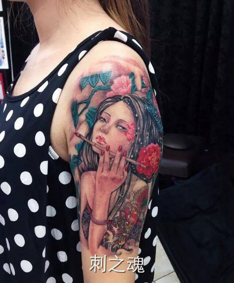 古代仕女纹身图片_成品手臂写实人物纹身图案