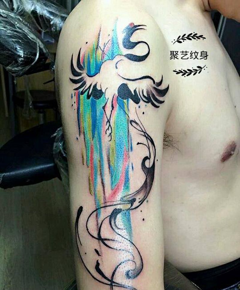 水墨飞鹤纹身图片_