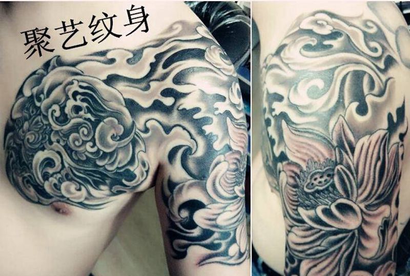 唐狮半甲纹身图片_肩部胸部手臂传统动物植物宗教成品纹身图案