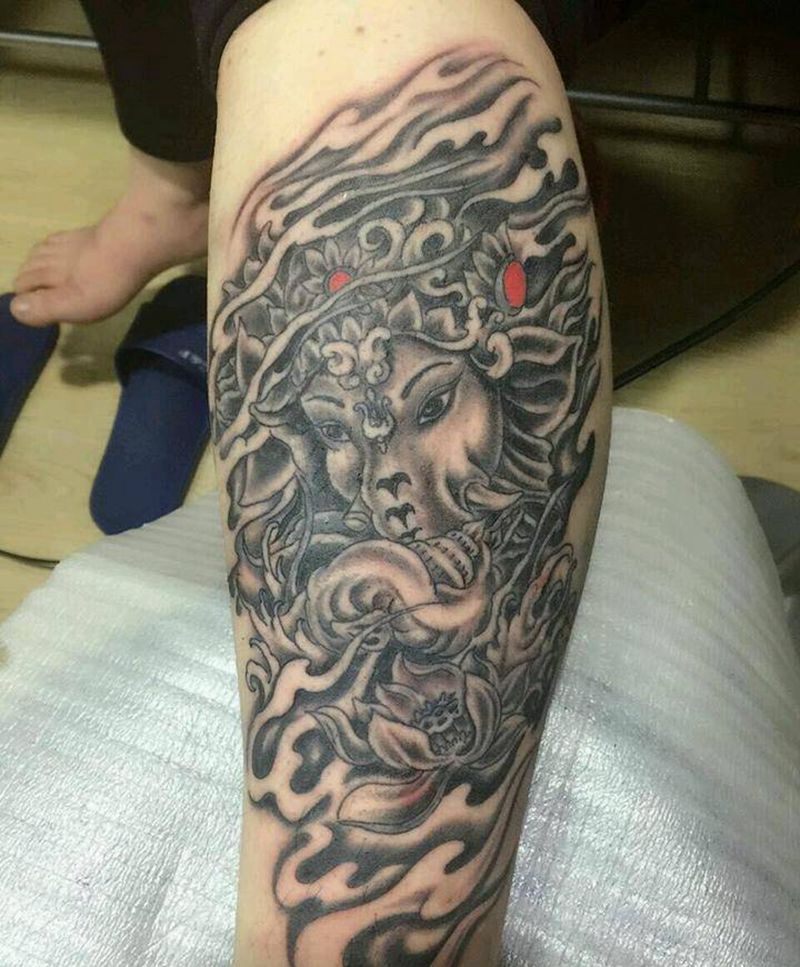 小腿象神纹身图片_腿部传统宗教成品纹身图案