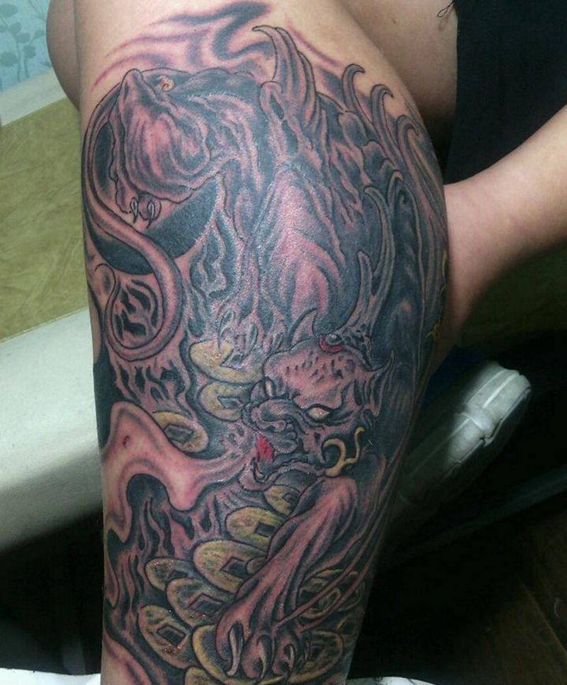 招财貔貅纹身图片_腿部传统动物宗教成品纹身图案