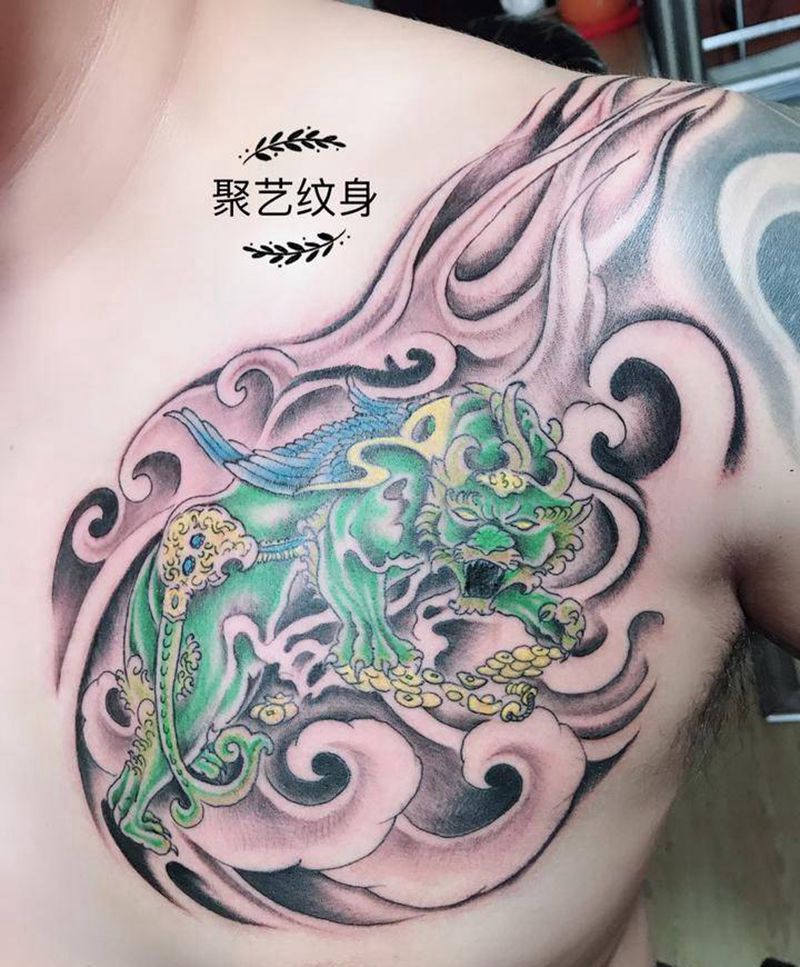 彩色招财貔貅纹身图片_