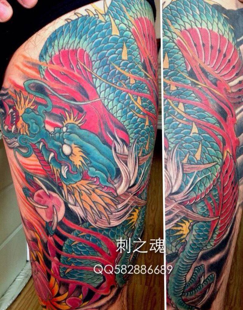 龙纹身图片_腿部传统动物原创纹身图案