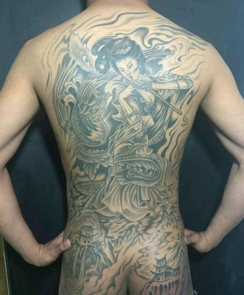吹箫引凤纹身图片_背部臀部传统人物鬼神宗教成品纹身图案