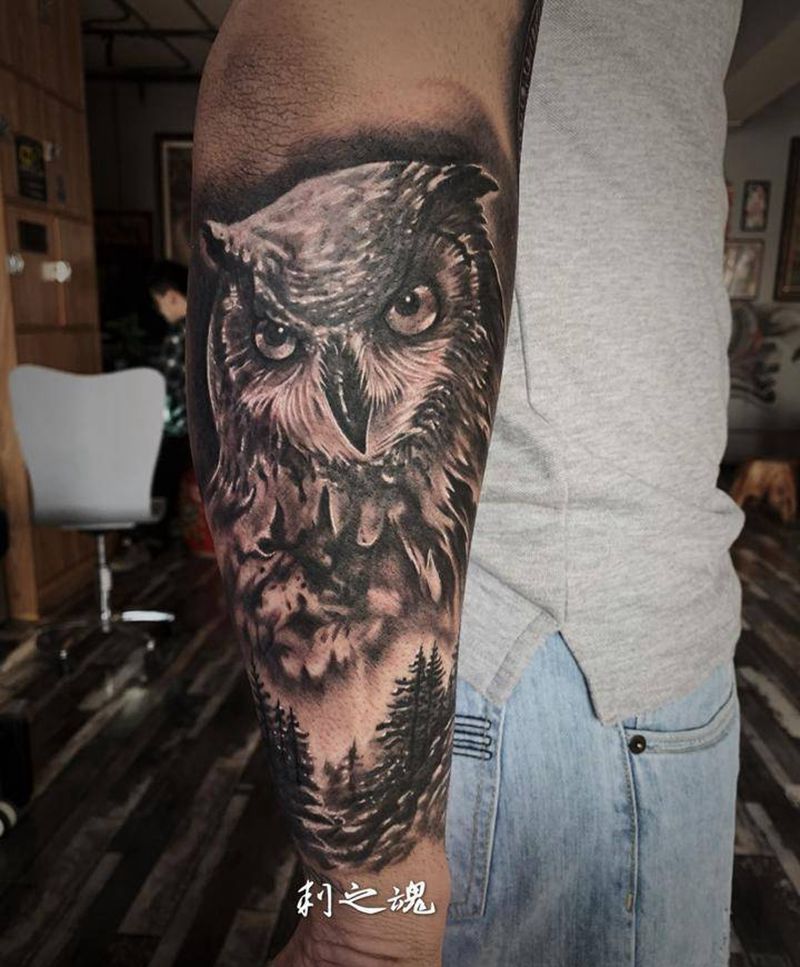 猫头鹰纹身图片_手臂欧美写实纹身图案
