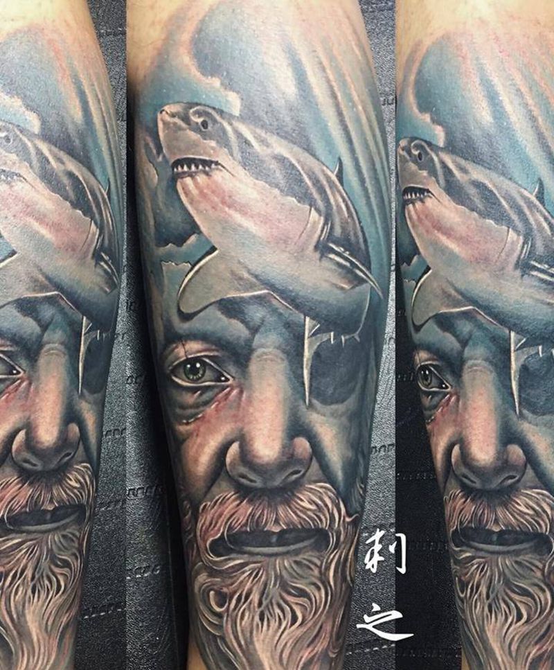 波塞冬纹身图片_成品腿部欧美写实人物动物原创纹身图案