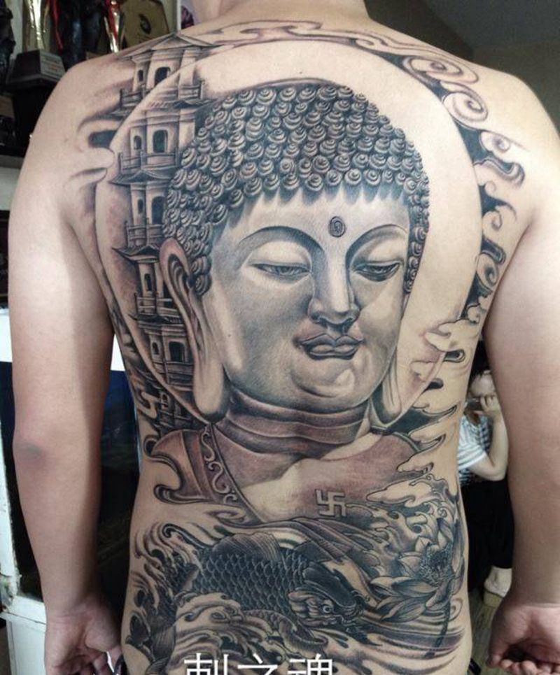 阿弥陀佛纹身图片_成品背部传统人物纹身图案
