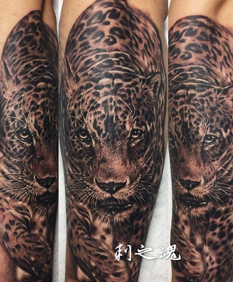 豹的速度纹身图片_成品手臂欧美动物原创写实纹身图案