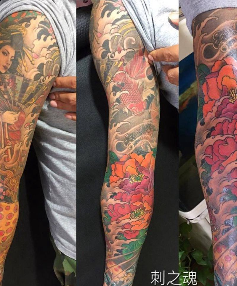 唐狮艺妓纹身图片_原创传统手臂成品人物纹身图案