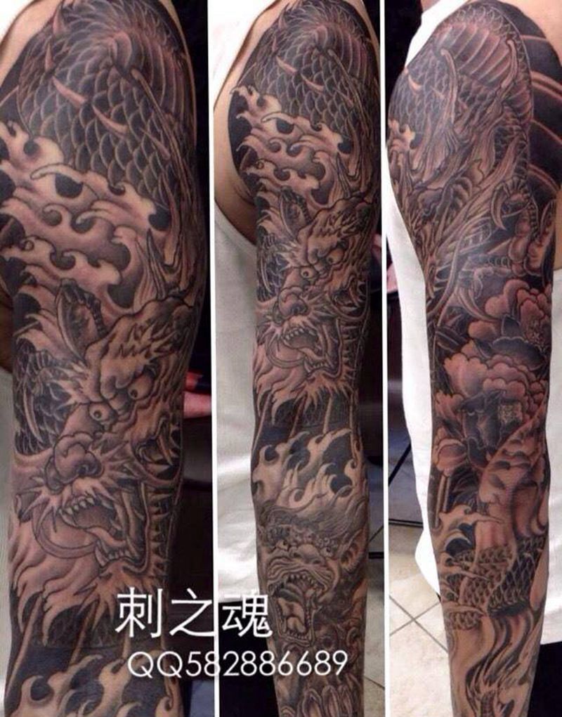 龙花臂纹身图片_动物传统原创纹身图案