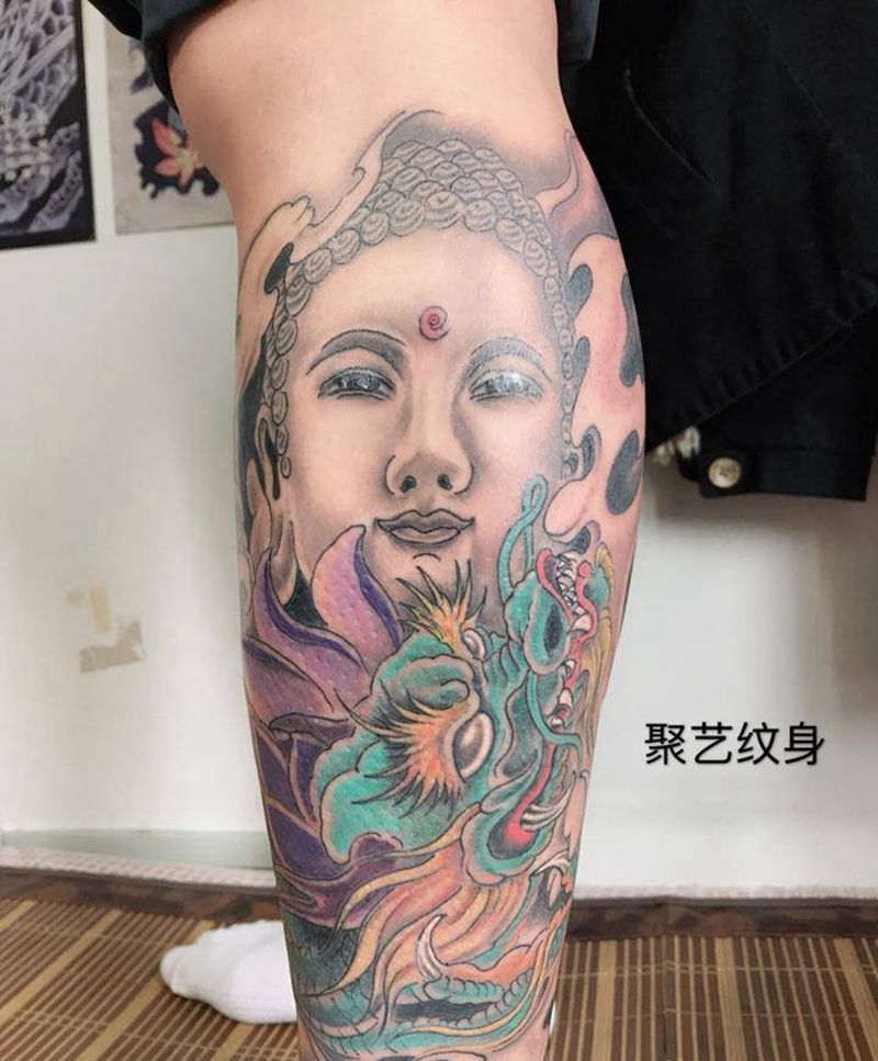 龙王求法纹身图片_成品腿部传统人物动物纹身图案
