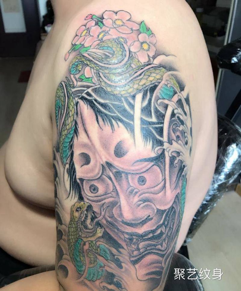 般若蟒蛇纹身图片_成品手臂传统鬼神纹身图案