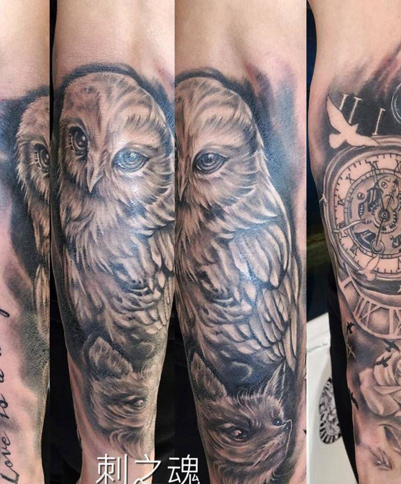 猫头鹰纹身图片_欧美写实动物原创成品手臂纹身图案