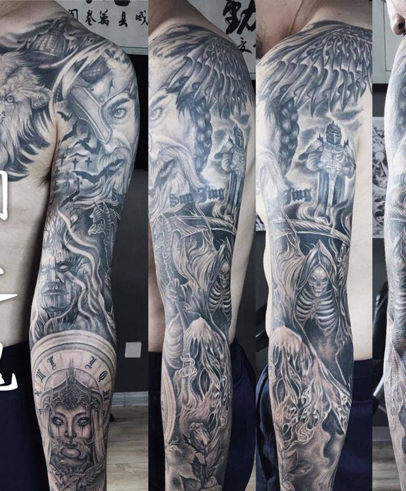 欧美花臂纹身图片_成品手臂欧美人物鬼神原创纹身图案