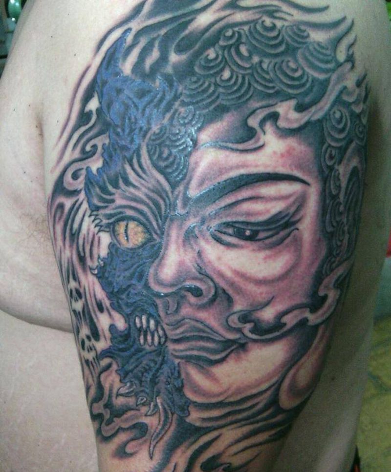 一念之间纹身图片_手臂传统人物鬼神宗教成品纹身图案
