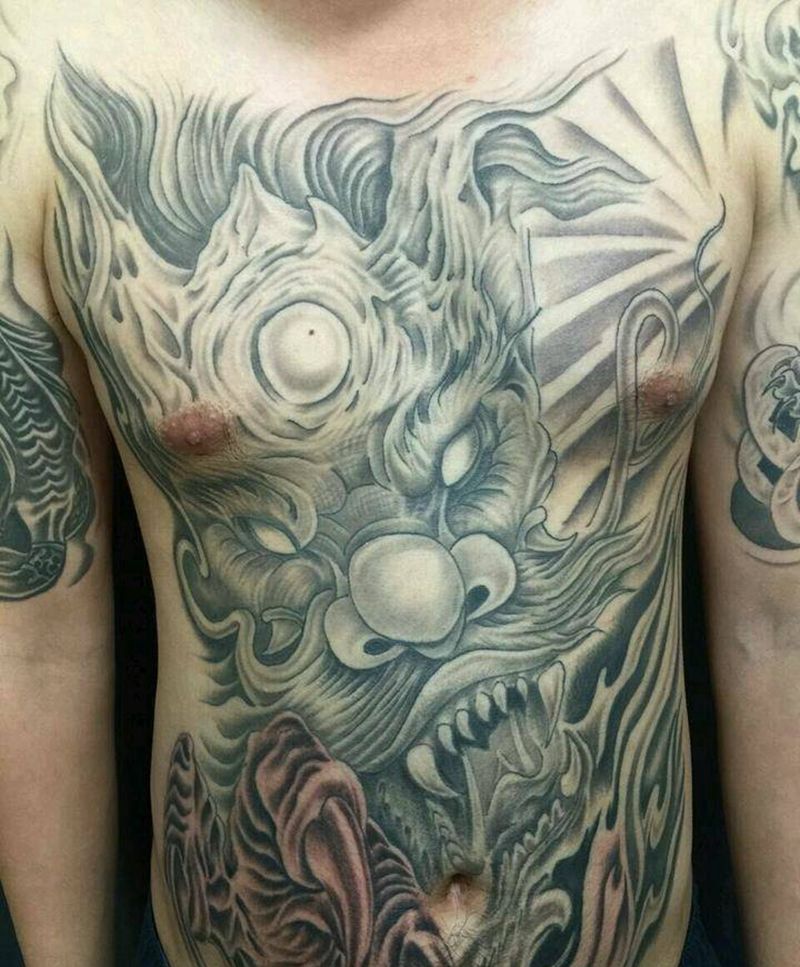 正脸龙纹身图片_胸部腹部传统动物宗教成品纹身图案
