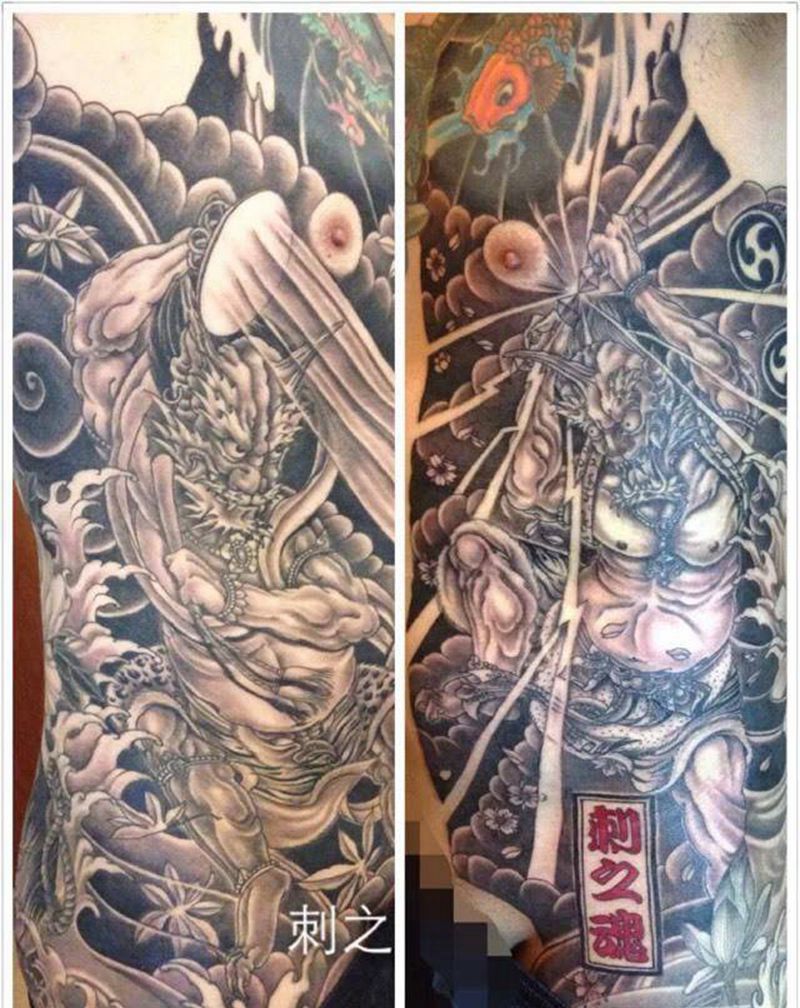 风神雷神纹身图片_原创人物传统胸部成品纹身图案