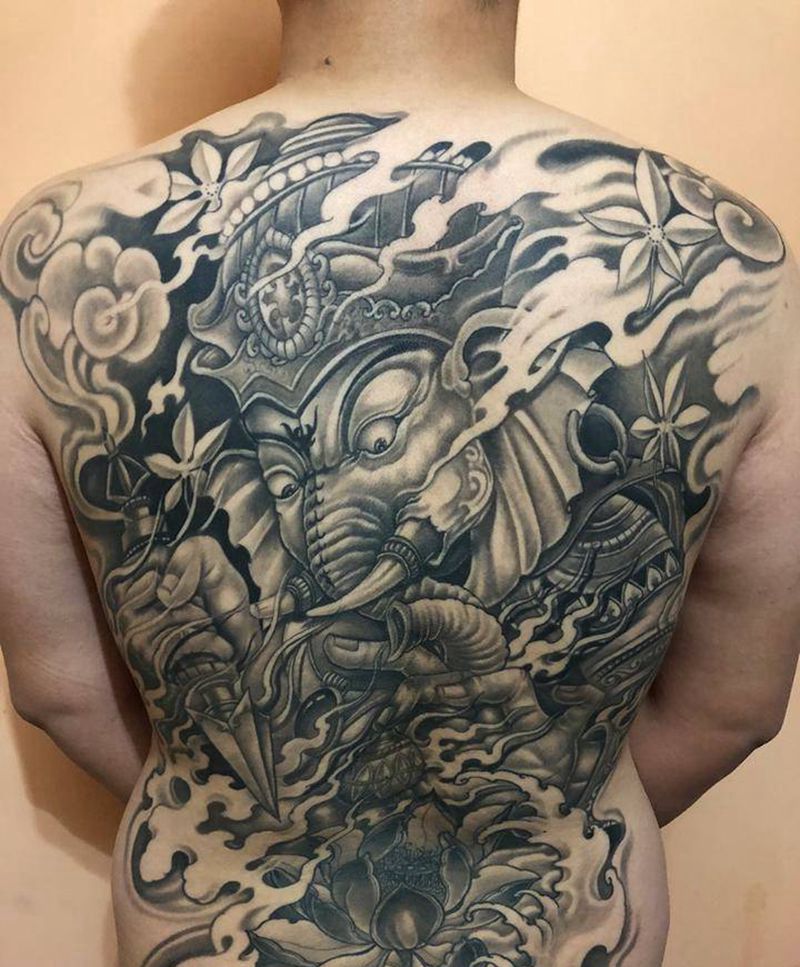 象鼻财神纹身图片_背部传统宗教原创纹身图案