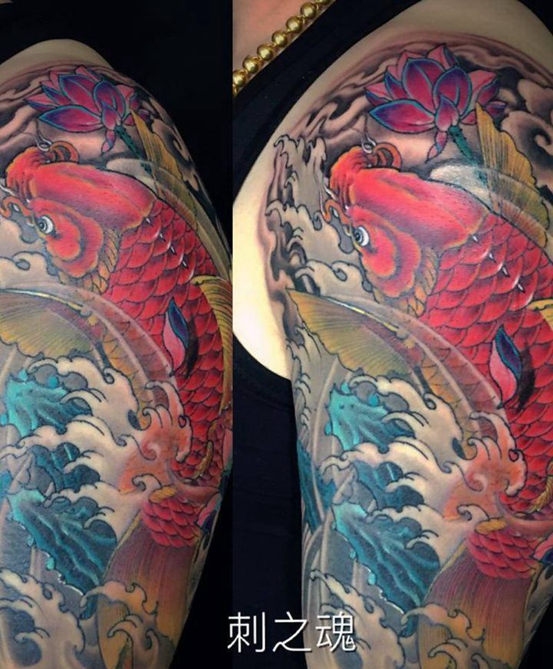 连年有鱼纹身图片_成品肩部传统动物原创纹身图案
