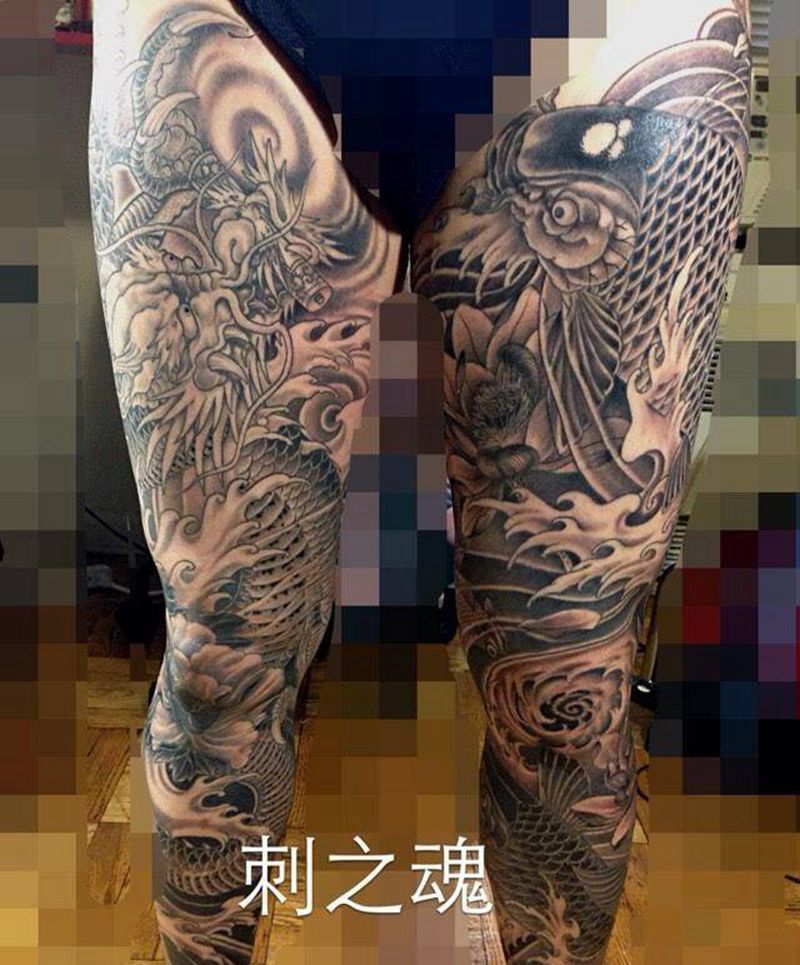 龙鱼纹身图片_腿部传统动物原创纹身图案