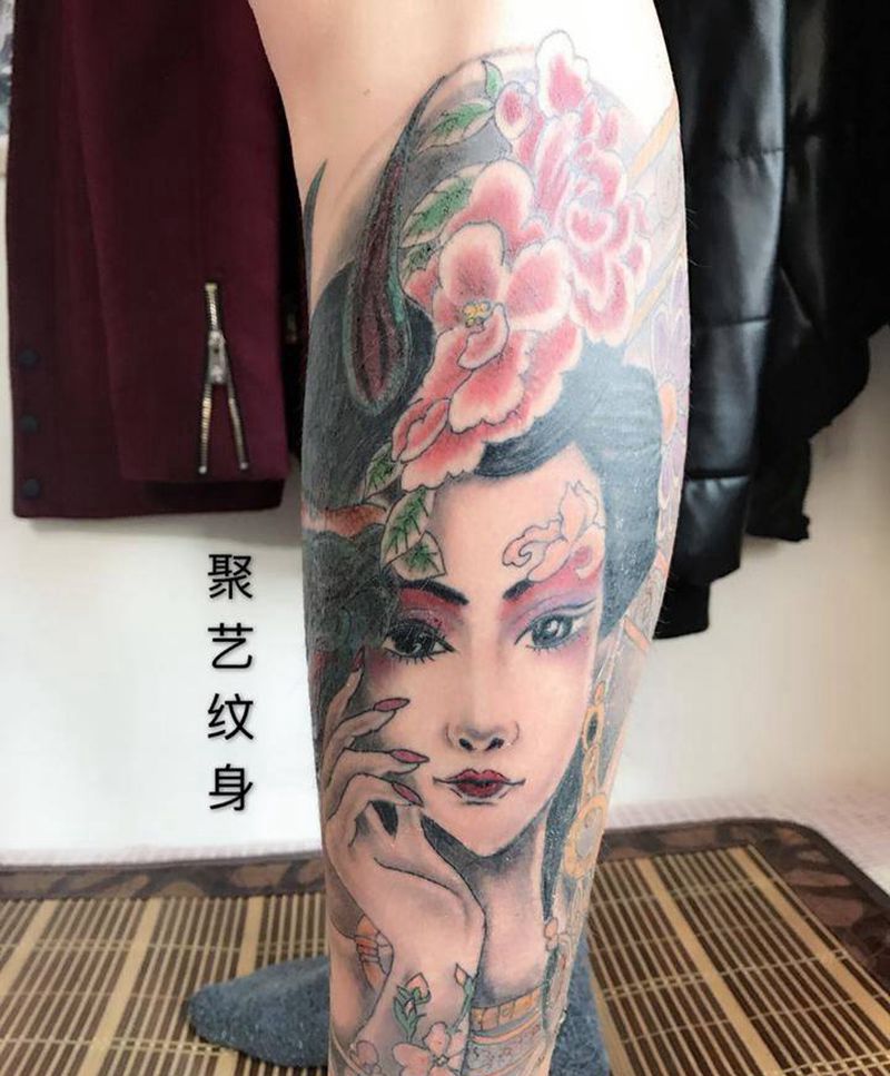 小腿艺妓纹身图片_成品腿部传统人物鬼神纹身图案