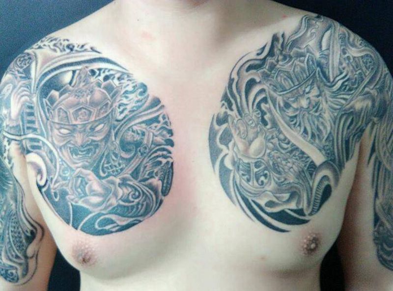 半甲四大天王纹身图片_肩部胸部手臂传统肖像人物鬼神宗教成品纹身图案