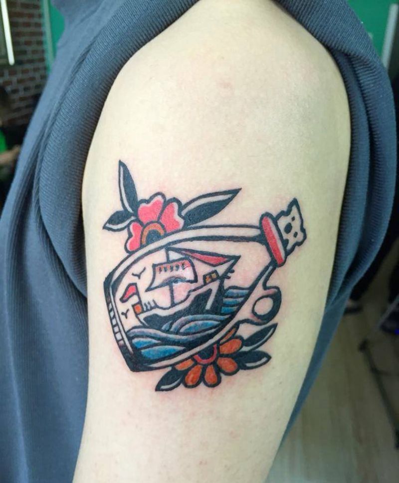 school 瓶子 遮疤纹身图片_欧美手臂遮疤纹身图案