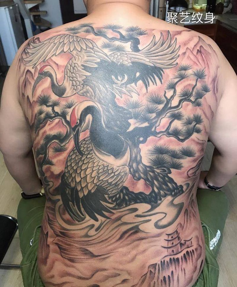 松鹤延年纹身图片_