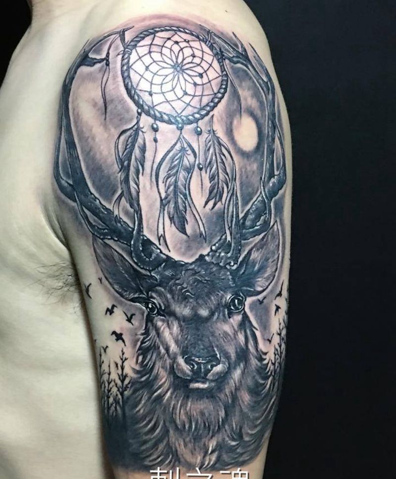 鹿纹身图片_成品肩部欧美写实动物原创纹身图案