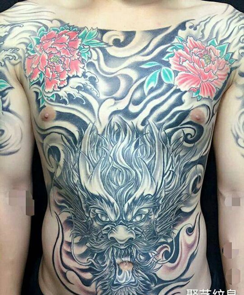 满胸正脸龙纹身图片_胸部腹部传统人物鬼神宗教原创成品纹身图案