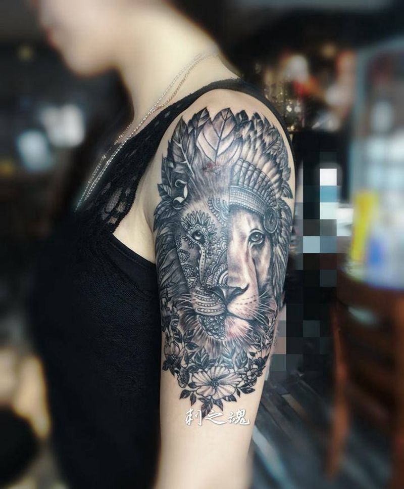 狮子纹身图片_成品肩部欧美原创动物写实纹身图案