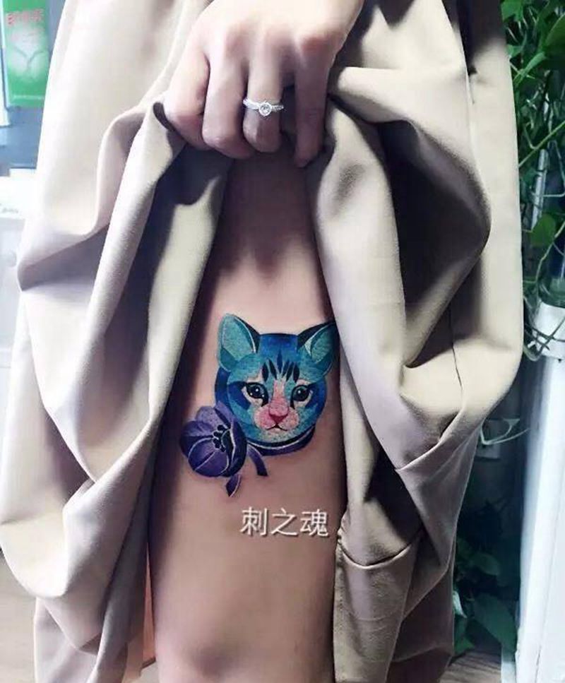 色块猫纹身图片_清新写实原创动物纹身图案