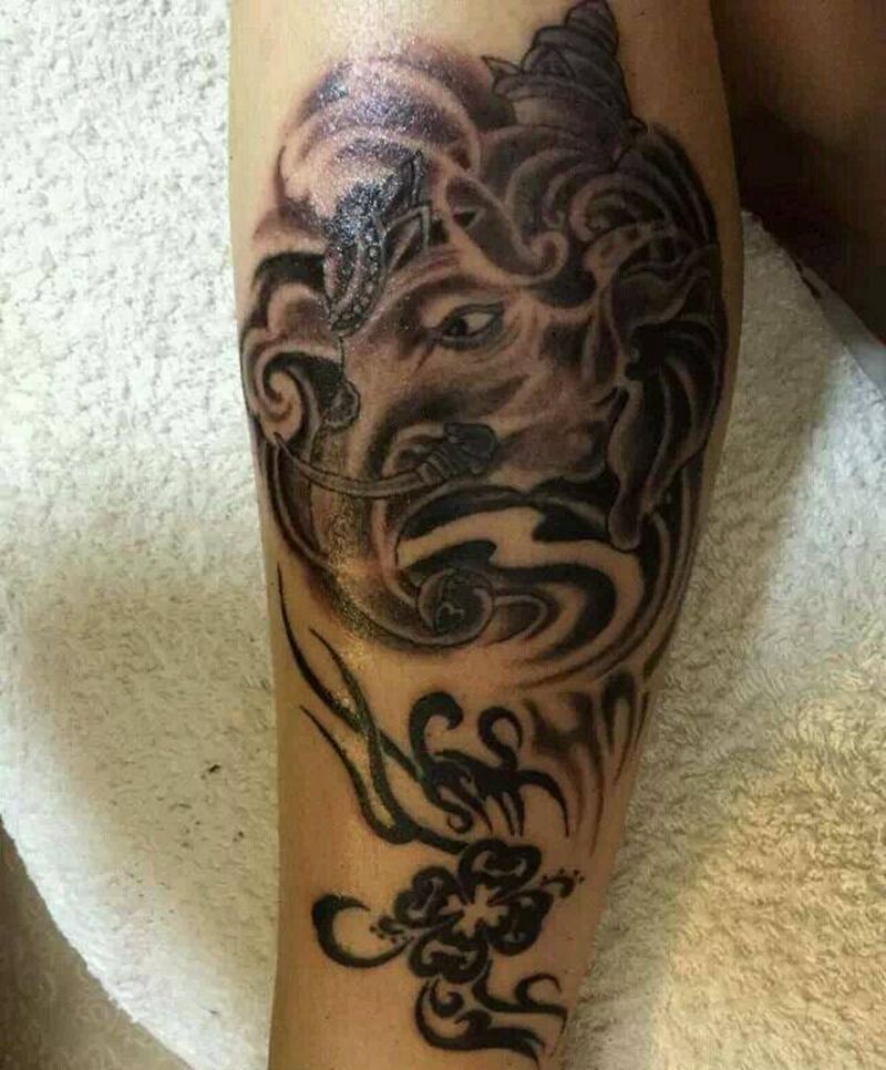 象神纹身图片_腿部传统鬼神宗教成品纹身图案